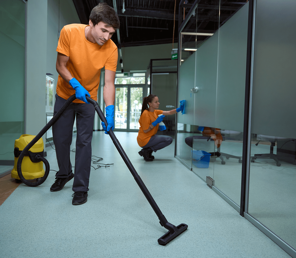 Team cleaning glass partitions