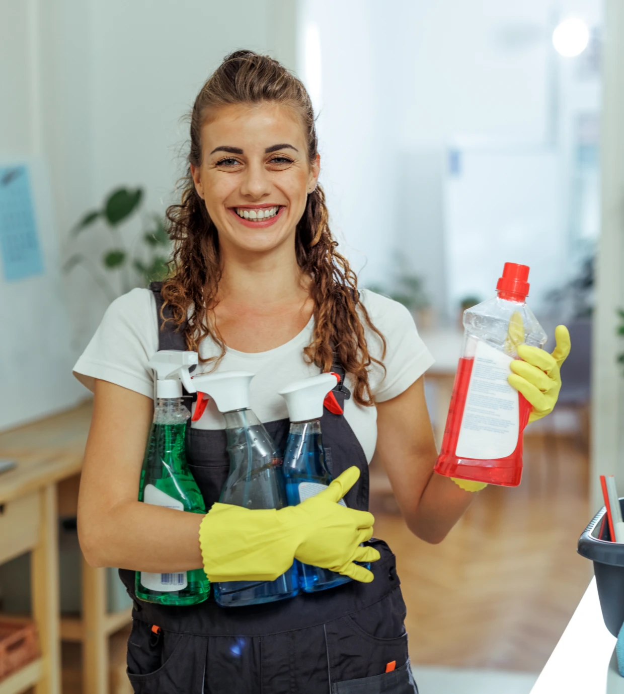 Happy cleaner with cleaning products