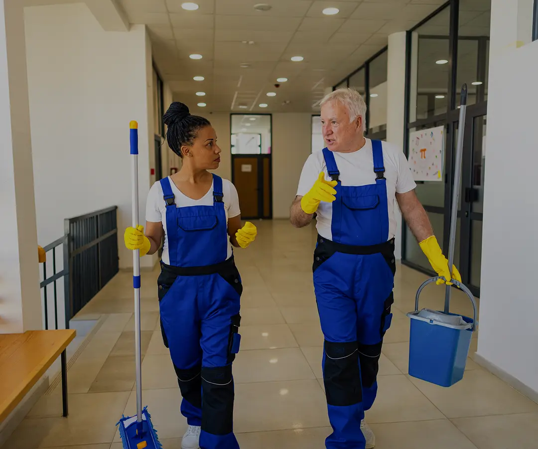 Janitors walking in hallway with cleaning tools
