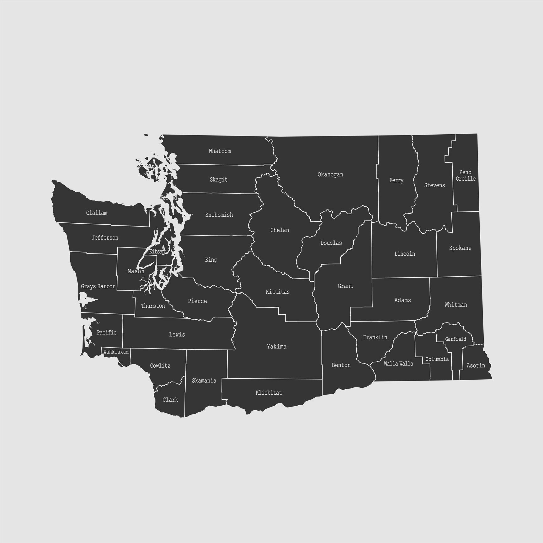 Map of Washington state with county borders and names.