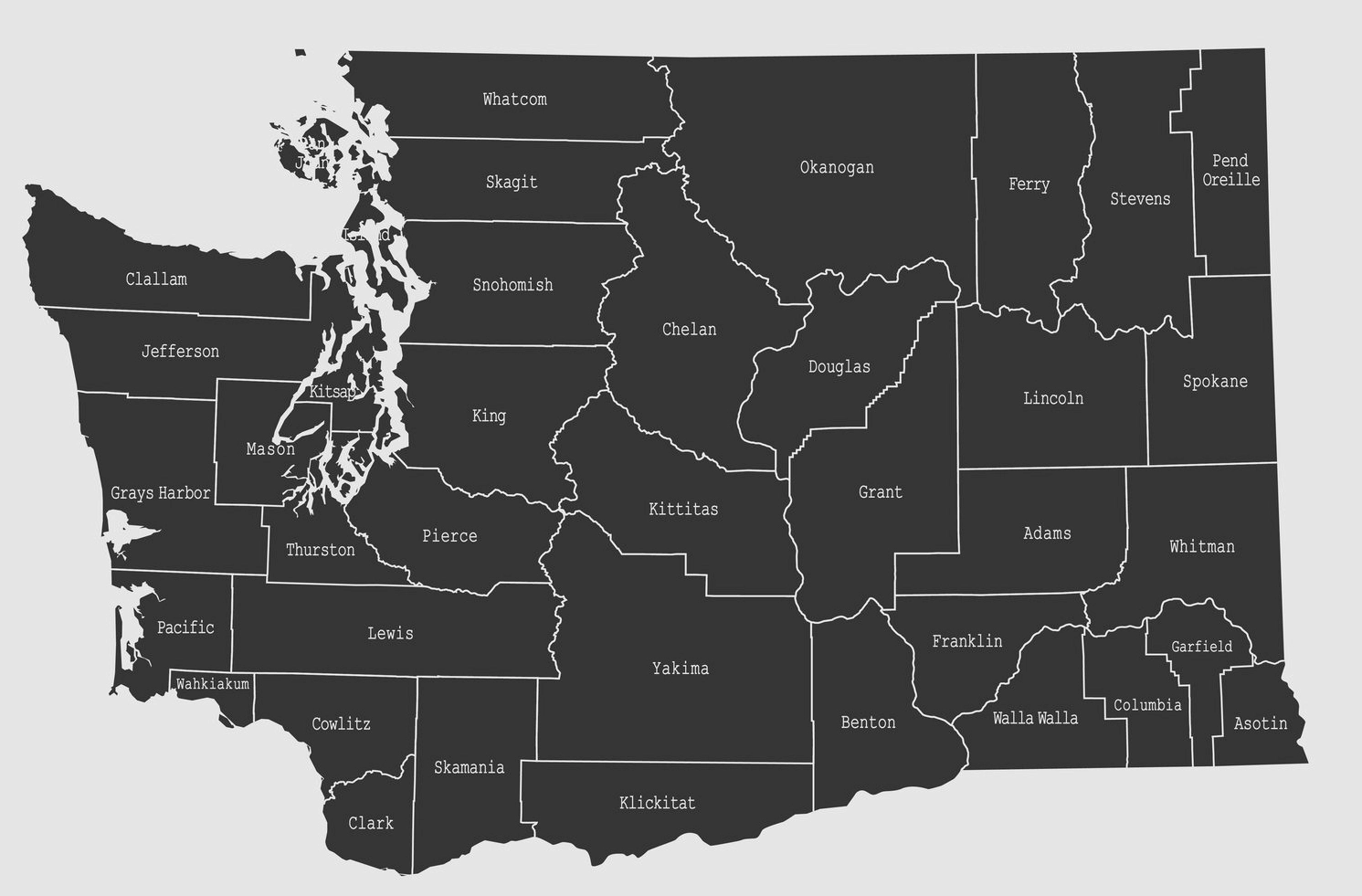 Map showing counties of Washington state with black background.