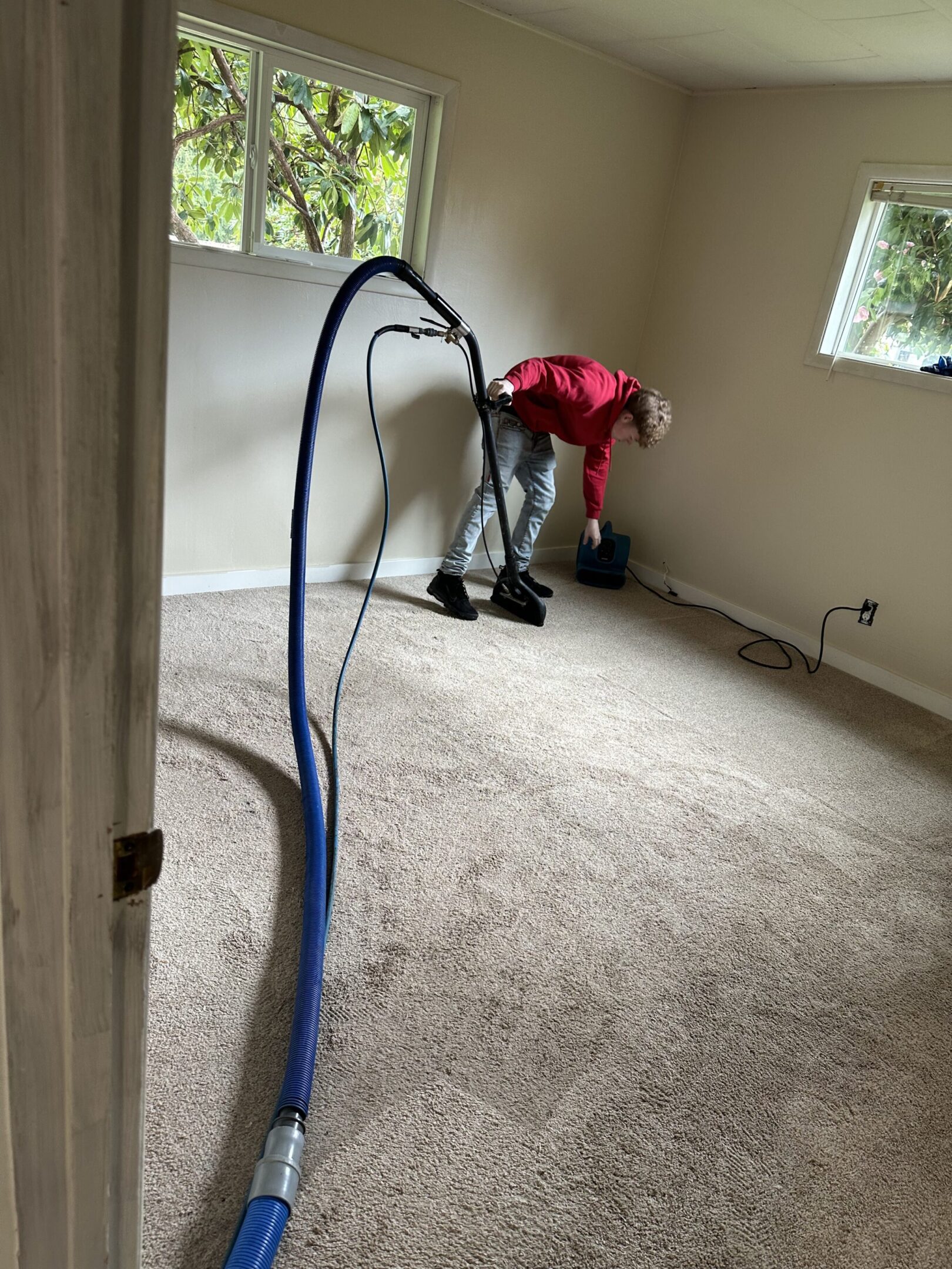 Technician cleaning carpet in a residential room with professional equipment.